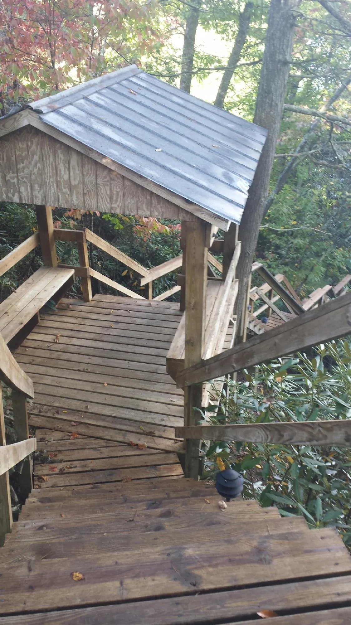 Metal roofed shelter over wooden steps on a wooded walkway — Skylight Repair & Installation work by our crew in Talking Rock